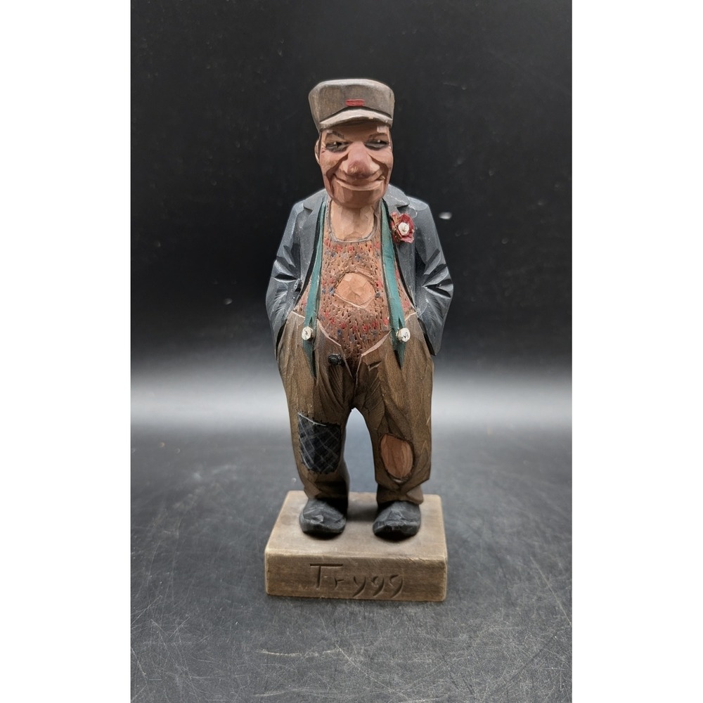 Vintage Hand Carved Wood Hobo Tramp Figurine Signed T-999 Folk Art Sculpture 6"